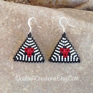 Black, White and Red Flower Triangle Earrings, New, Handmade